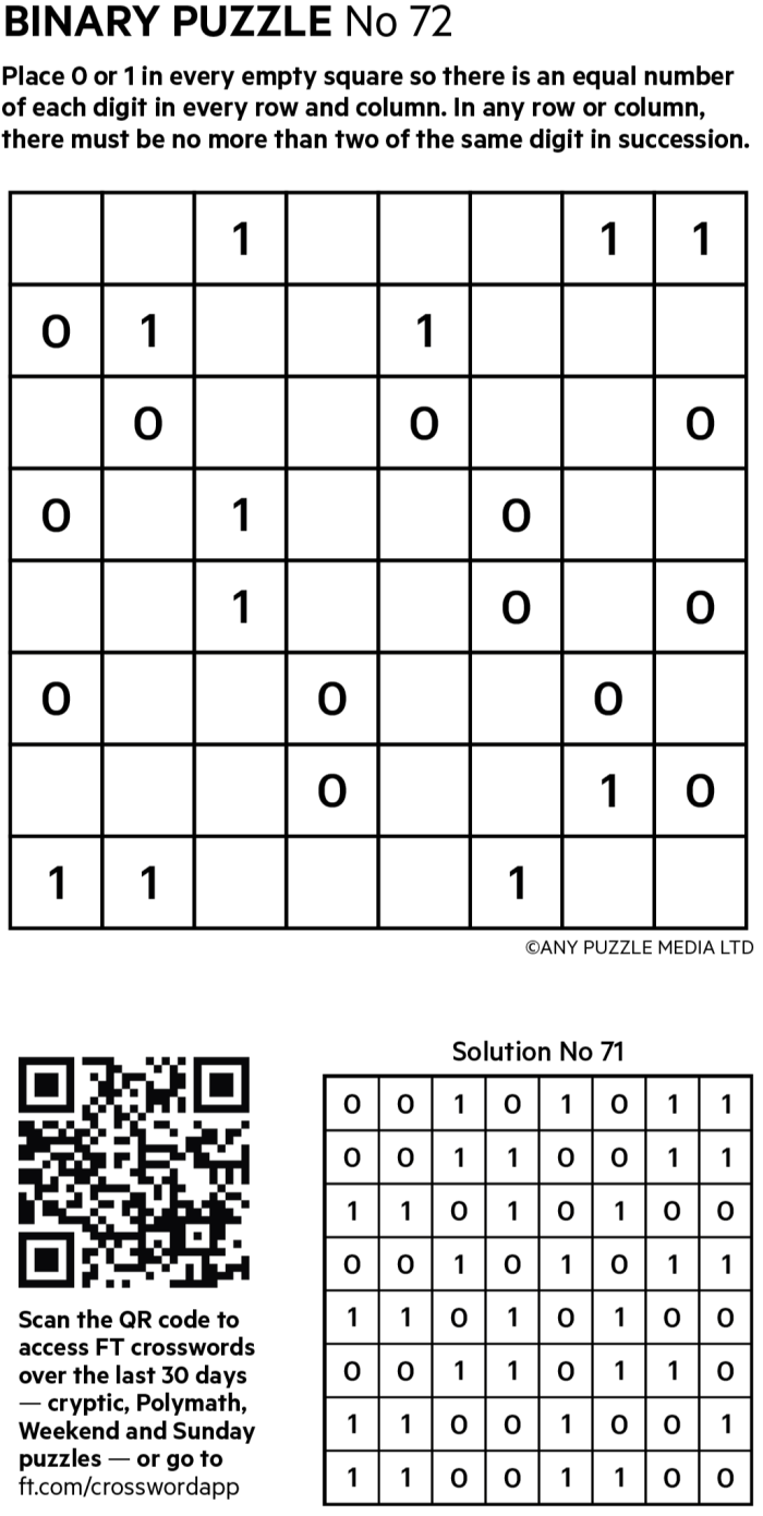 FT Magazine lança “Binary Puzzle Number 72” e amplia oferta de jogos digitais - Imagem do artigo original
