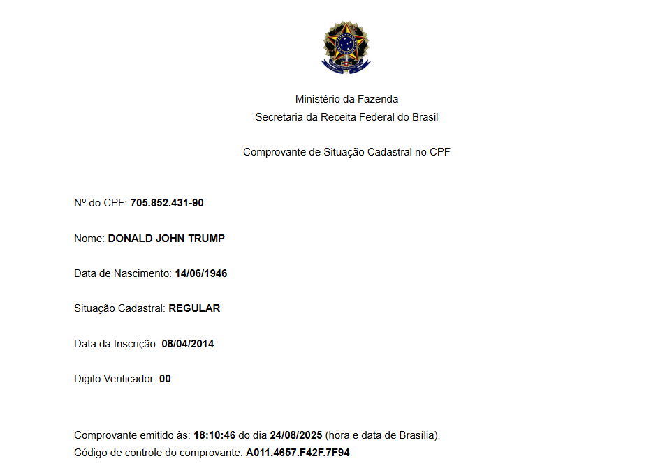 Imagem destacada - Donald Trump possui CPF no Brasil, emitido em 2014 e ativo, confirmam registros